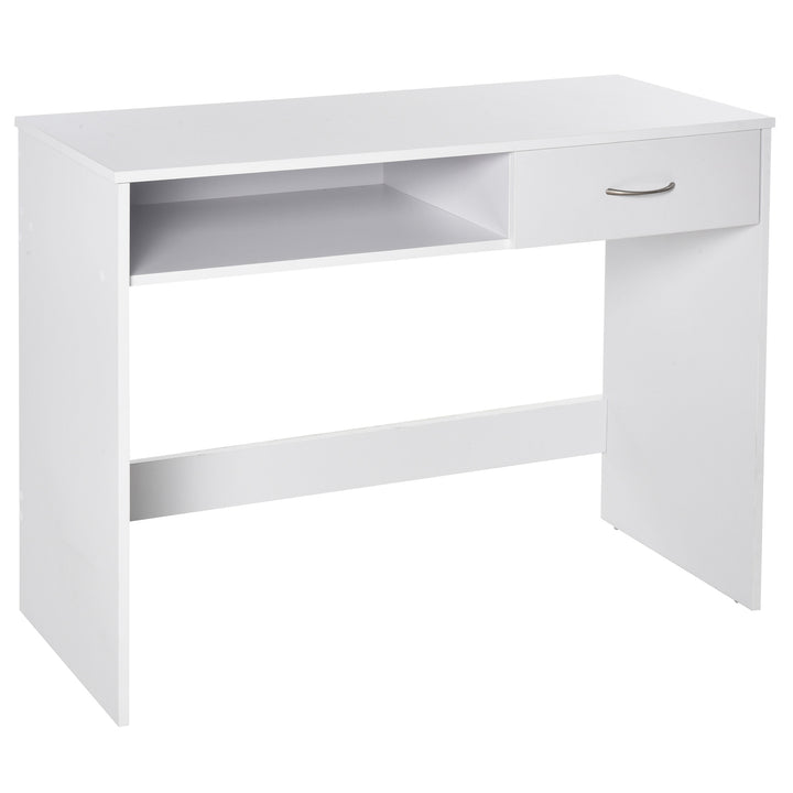 HOMCOM Modern Computer Work Desk Table Study w/ Shelf Drawer Standing Writing Station Display Stylish Storage Compact White