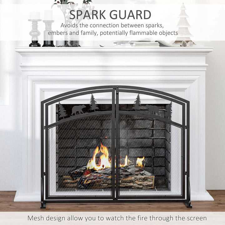 Fire Guard with Double Doors, Metal Mesh Fireplace Screen, Spark Flame Barrier with Tree Decoration for Living Room, Bedroom Decor