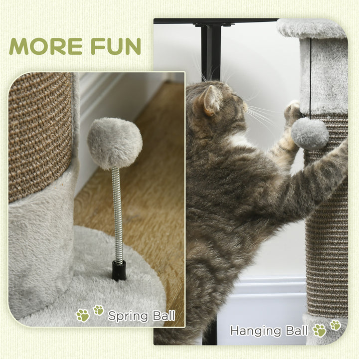 PawHut 58cm Cat Scratching Post for Corner Wall, Claw Scratcher Covered Soft Smooth Plush, with Sisal Rope, Play Toy Balls, Stable Base, Grey