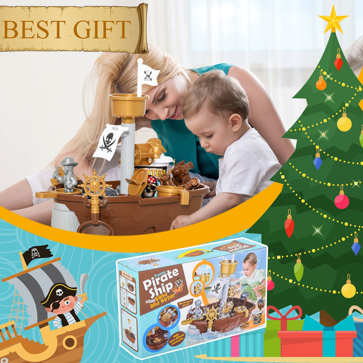Pirate Ship Theme Sand and Water Table Beach Toy Set 2 in 1 Outdoor Activities Playset for Kids with Accessories Garden Sandpit Sandbox