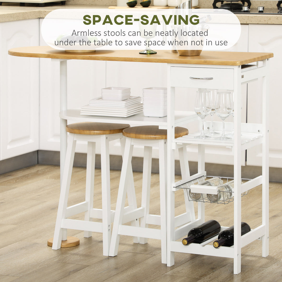 3 Piece Bar Table Set, Breakfast Bar table and Stools with Storage Shelf, Drawer, Wire Basket and Wine Rack for Kitchen, Natural and White