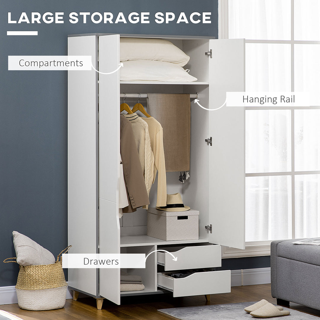 HOMCOM Wardrobe with 2 Doors, 2 Drawers, Hanging Rail, Shelves for Bedroom Clothes Storage Organiser, 89x50x185cm, White
