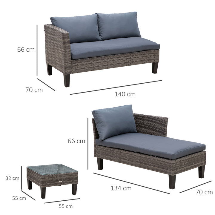 4-Seater Garden Sofa PE Rattan Set w/ 2 Seats Square Glass Top Coffee Table Thick Cushions Solid Legs Metal Frame Patio L Corner Shape, Grey