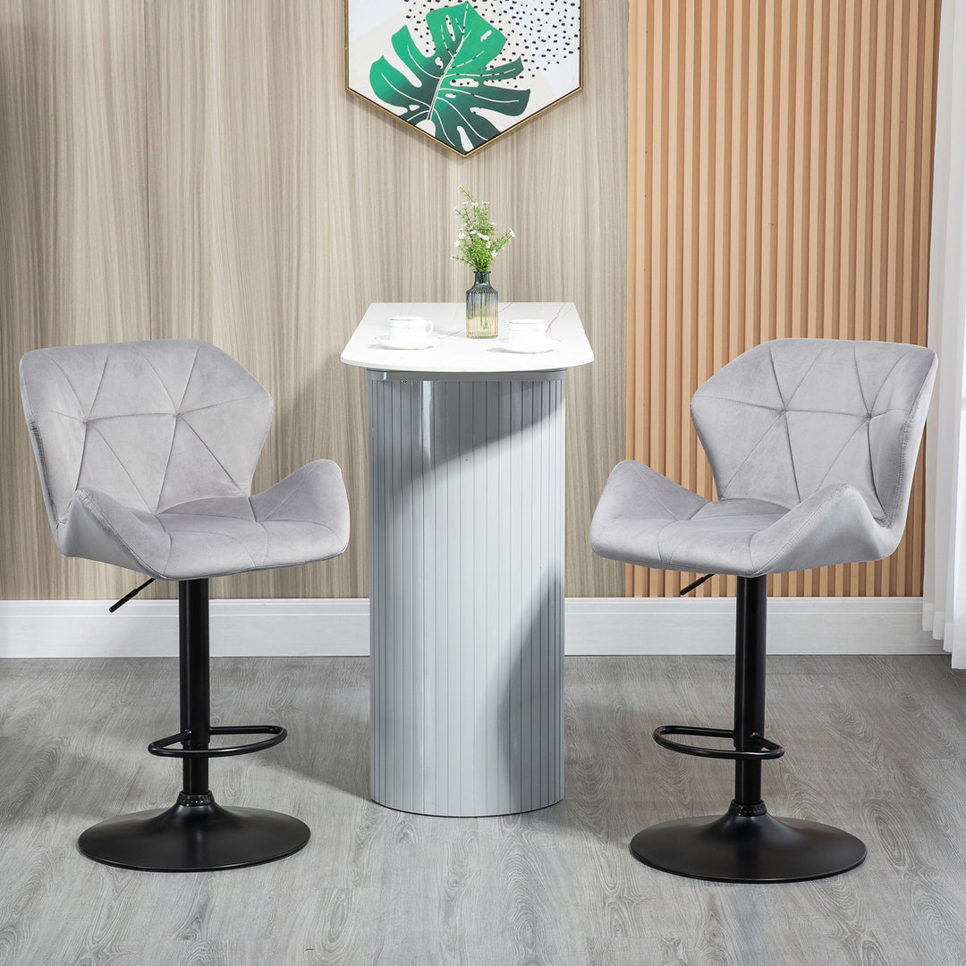 HOMCOM Set Of 2 Bar stools With Backs , Velvet-Touch Barstools w/ Metal Frame Footrest Triangle Indenting Moulded Seat Adjustable Height Swivel Grey