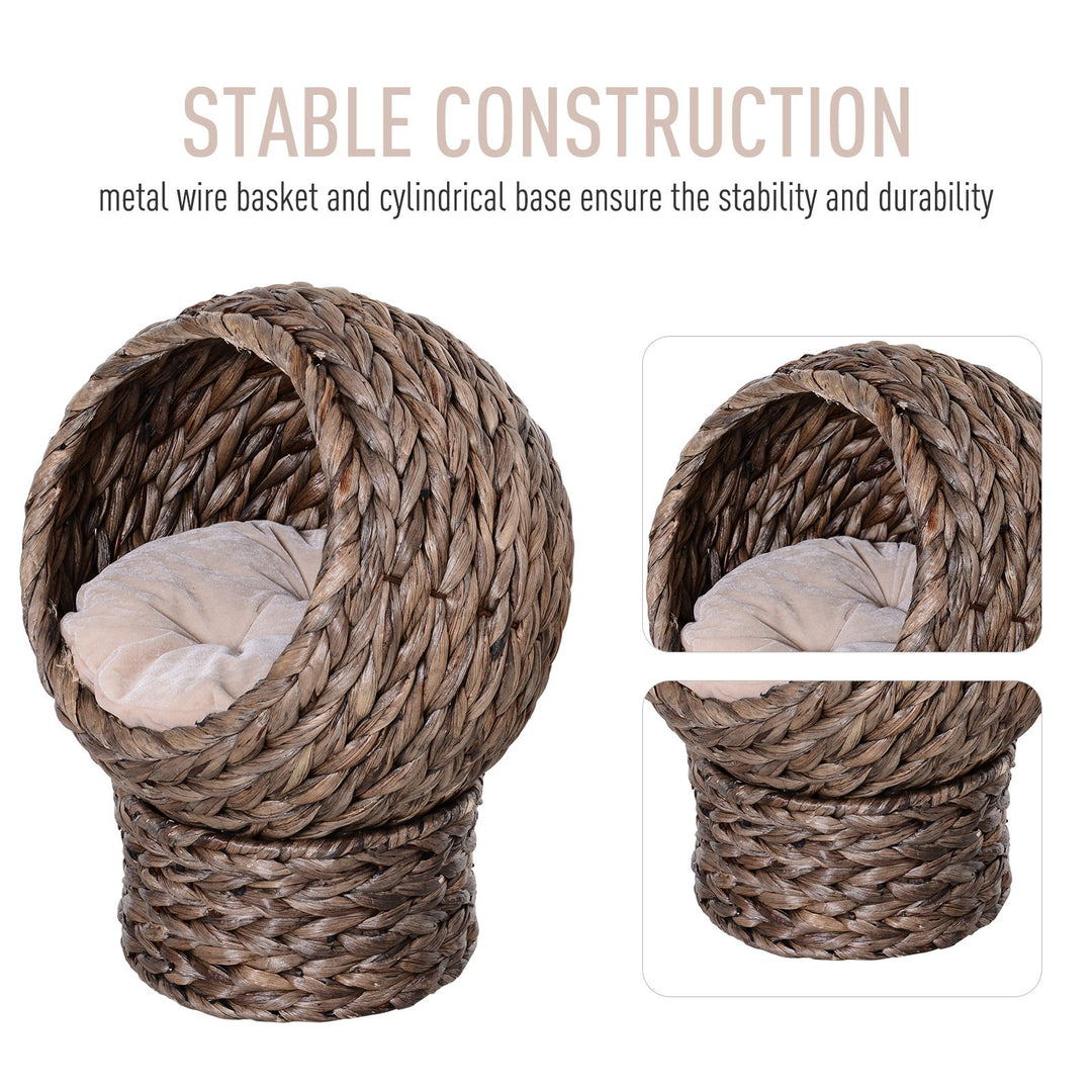 Woven Banana Leaf Elevated Cat Bed House Basket Soft Cushion Dome Basket 42x33x52 cm Dark Brown (base) &amp; Beige (cushion)