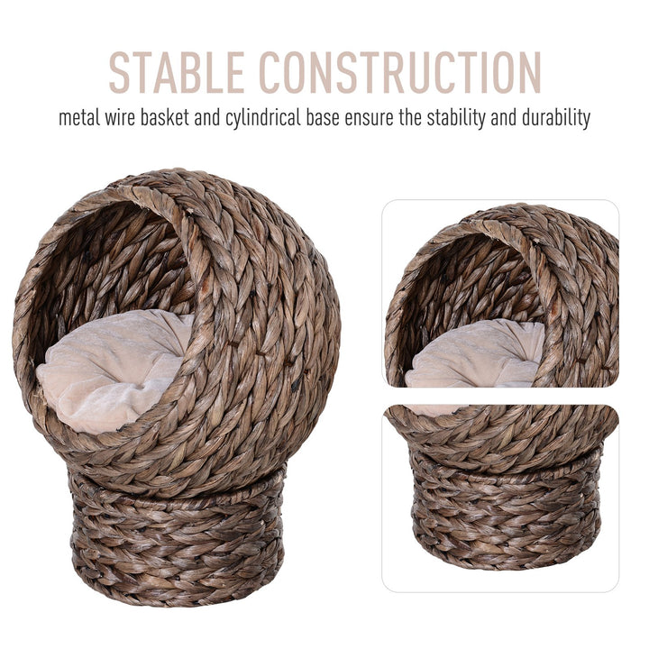 Woven Banana Leaf Elevated Cat Bed House Basket Soft Cushion Dome Basket 42x33x52 cm Dark Brown (base) &amp; Beige (cushion)