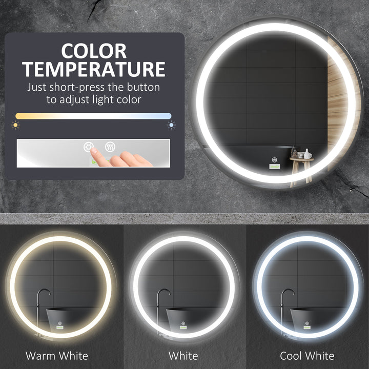 kleankin Round LED Bathroom Mirror, Dimmable Lighted Wall-Mounted Mirror with 3 Temperature Colours, Memory Function, Hardwired