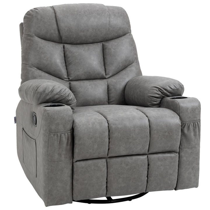 Manual Reclining Chair, Recliner Armchair with Faux Leather, Footrest, Cup Holders, 86x93x102cm, Grey