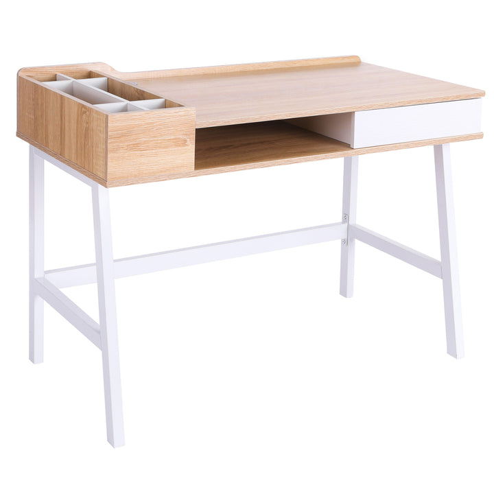 Computer Writing Desk Workstation with Drawer, Storage Compartments, Cable Management, Laptop Table Metal Frame Oak and White