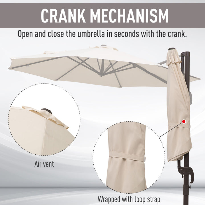 3M Banana Parasol Hanging Cantilever Umbrella W/ Cross Base Hand Crank Aluminium Frame 360°Rotation Hand Crank-Beige