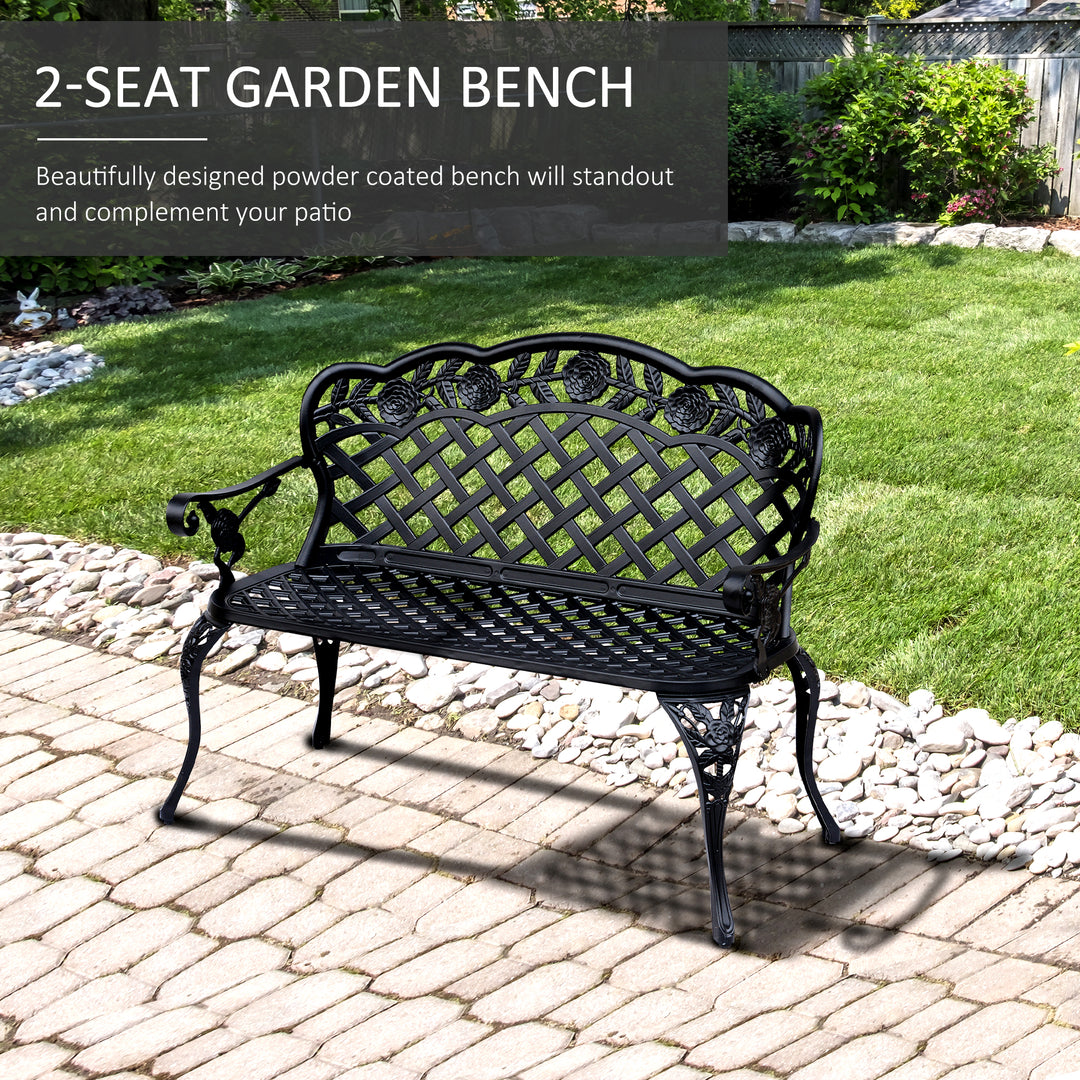 Outsunny Cast Aluminium Garden Bench Outdoor Patio 2 Seater High Back Chair Armrest Antique Style Black