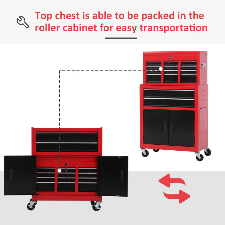 Tool Chest, Metal Tool Cabinet on Wheels with 6 Drawers, Pegboard, Top Chest and Roller Cabinet Combo, 61.6 x 33 x 108cm, Red