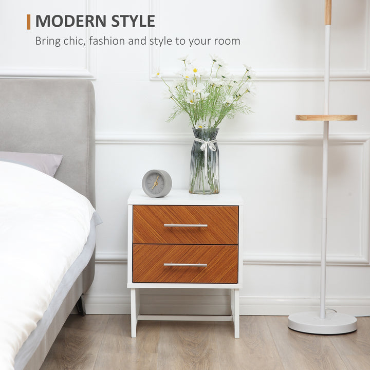 Bedside Table with 2 Drawers and Metal Frame, Sofa Side Table for Bedroom Living Room, White and Brown