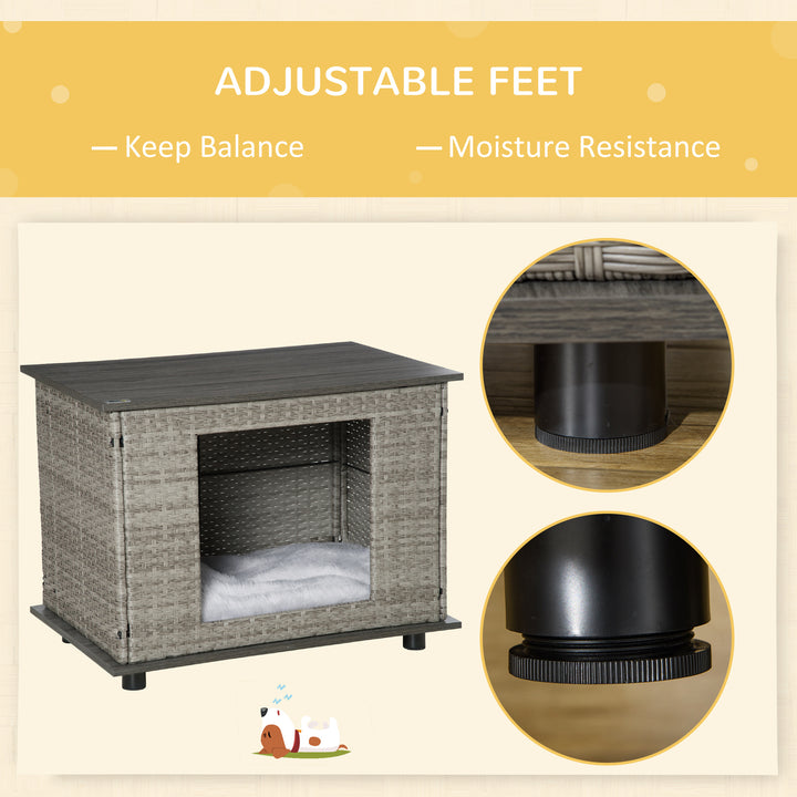 Wicker Dog House, Rattan Pet Bed, End Table Furniture, with Soft Cushion, For small and medium Dogs - Grey