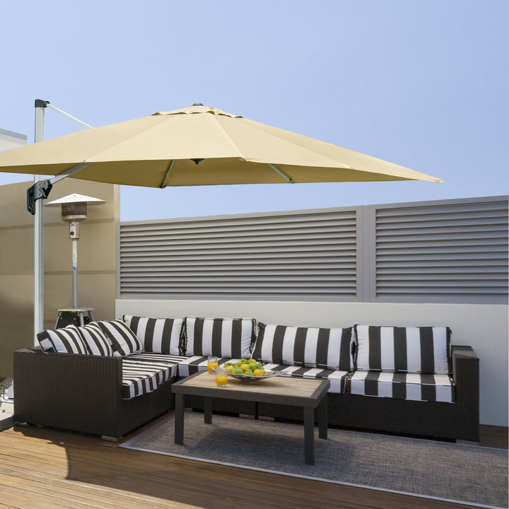 Outsunny 3 x 3(m) Cantilever Roma Parasol with Aluminum Frame Crank & Tilt, 360°Rotating Garden Umbrella 250g Polyester SunShade with CrossBase Beige