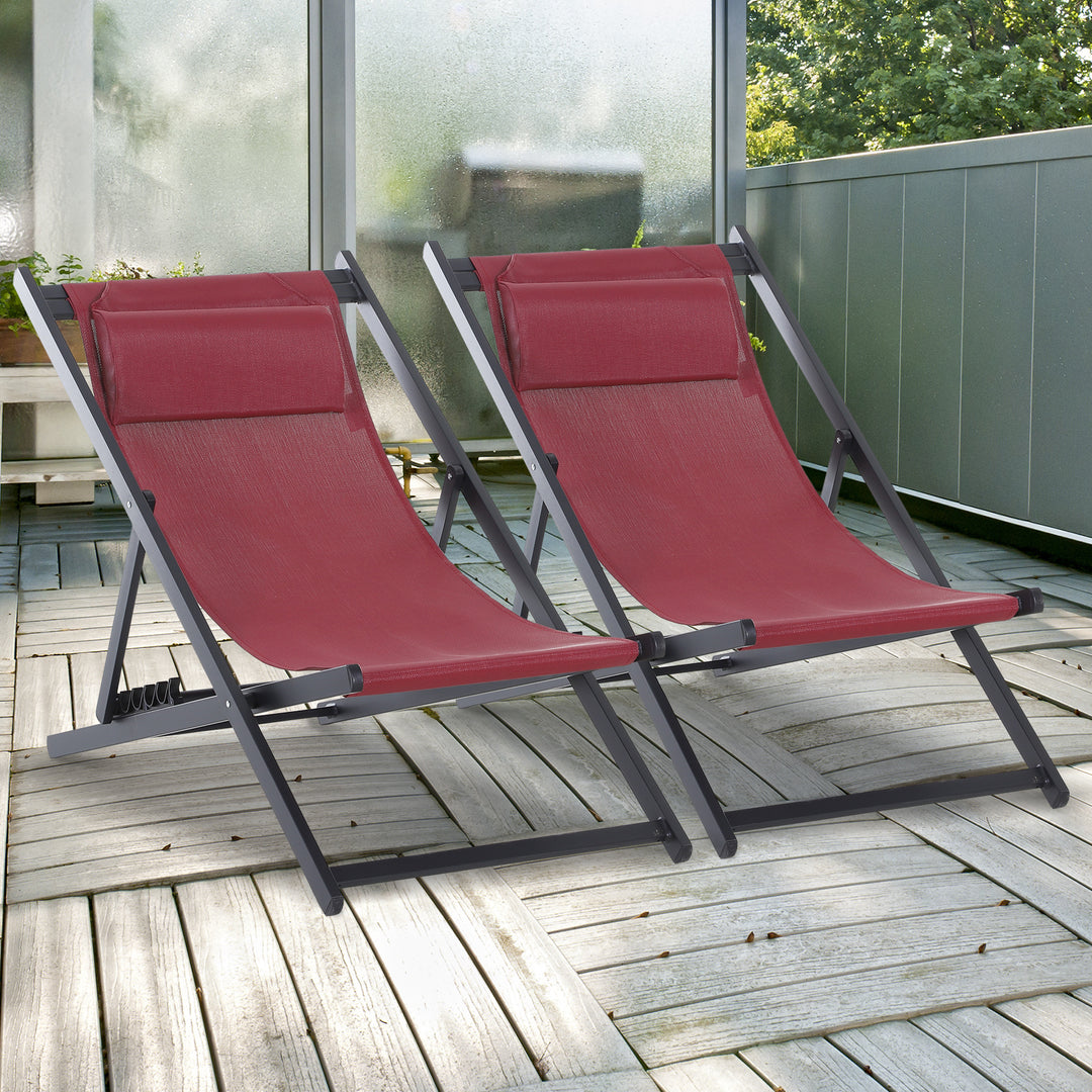 Set of 2 Folding Garden Beach Deck Chairs Deckchairs Seaside Folding Garden Patio Lounger, Red