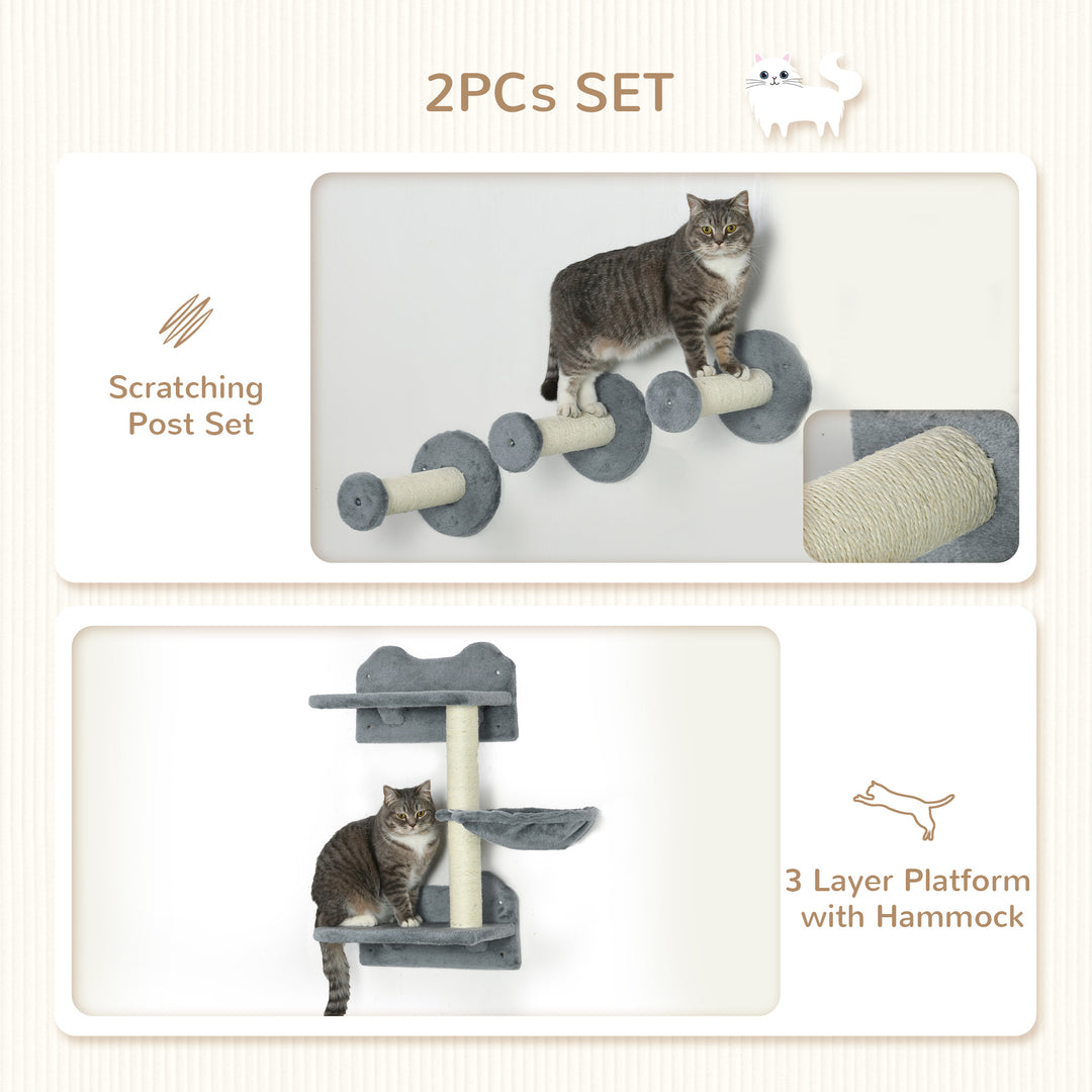 PawHut Four-Piece Cat Shelf with Scratching Post, Wall-Mounted Cat Tree for Indoor Cat - Grey
