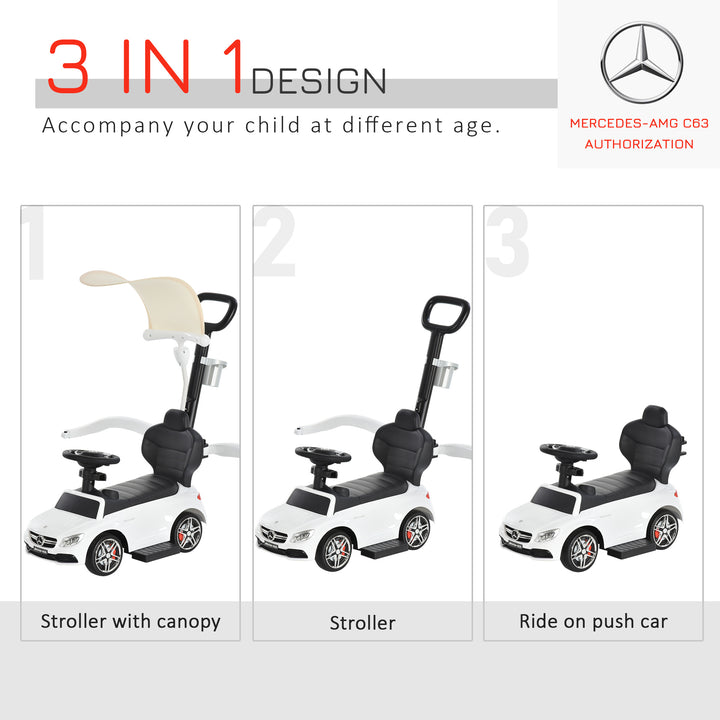 3 in 1 Ride On Push Along Car Mercedes Benz for Toddlers Stroller Sliding Walking Car with Horn Sound Safety Bar for 1-3 Years