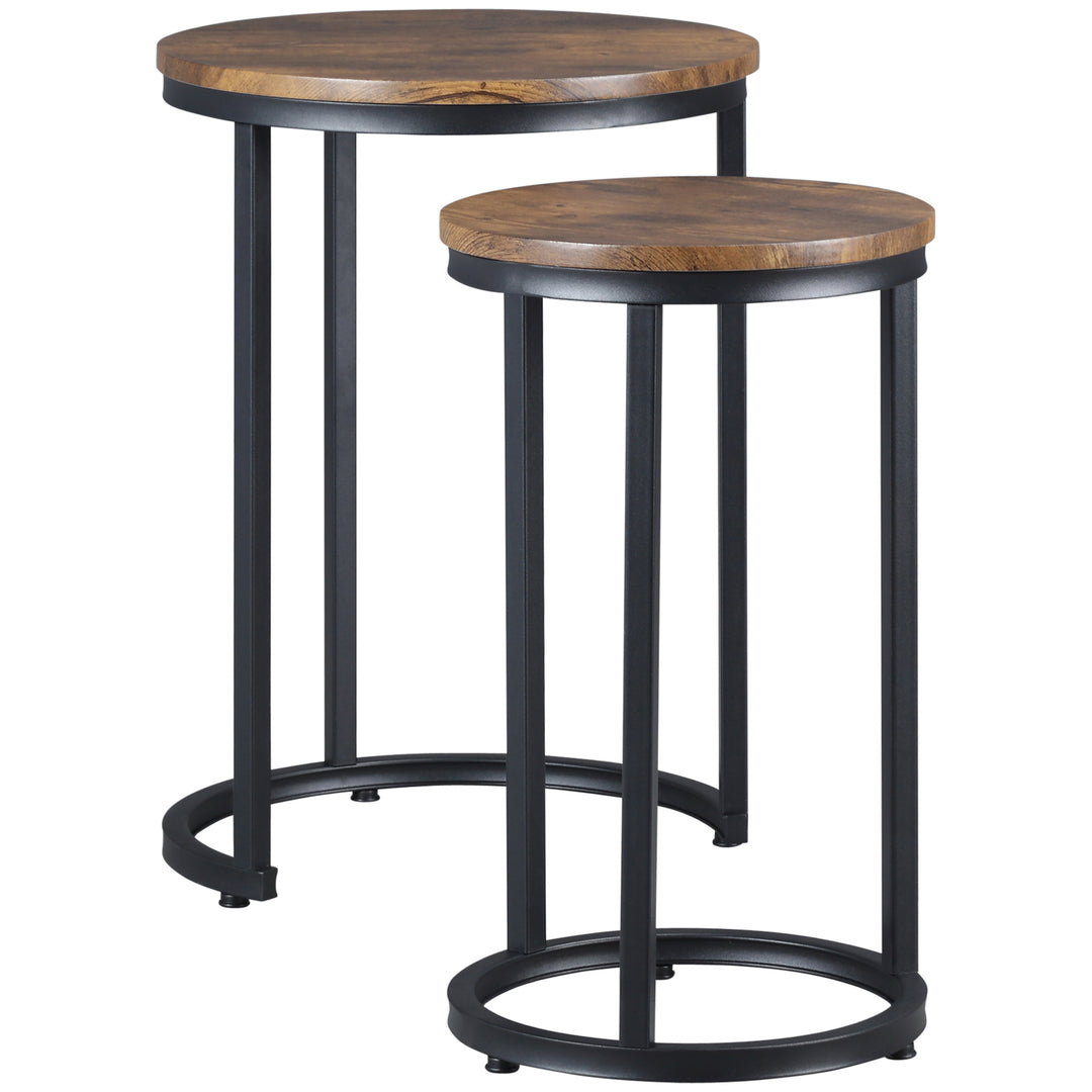Round Nesting Tables Set of 2 Industrial Stackable Side Tables with Rustic Wood Grain Metal Frame for Living Room Brown