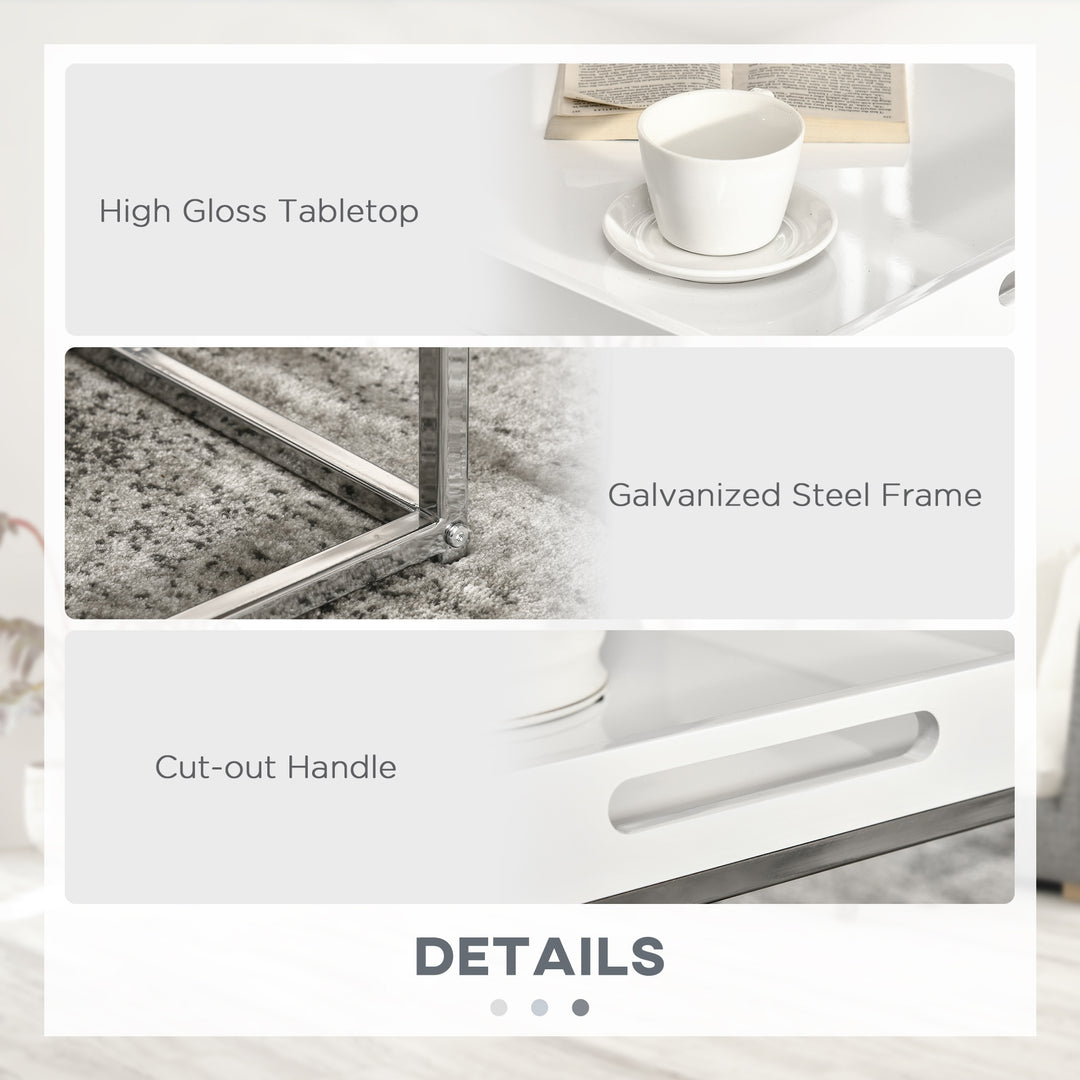 Modern Coffee Table Set of 2, Square Nest of Tables with Steel Frame and High Gloss Effect for Living Room, White