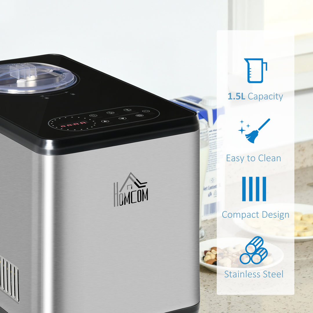 HOMCOM Ice Cream Maker Machine, 1.5L Stainless Steel Gelato, Sorbet, Milkshake, Frozen Yoghurt Maker with Detachable Mixing Paddle LED Display