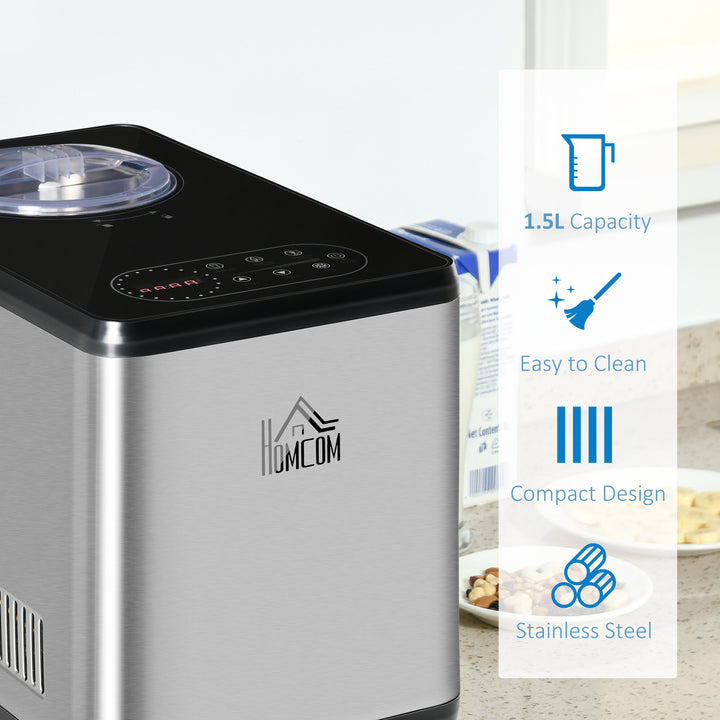 HOMCOM Ice Cream Maker Machine, 1.5L Stainless Steel Gelato, Sorbet, Milkshake, Frozen Yoghurt Maker with Detachable Mixing Paddle LED Display