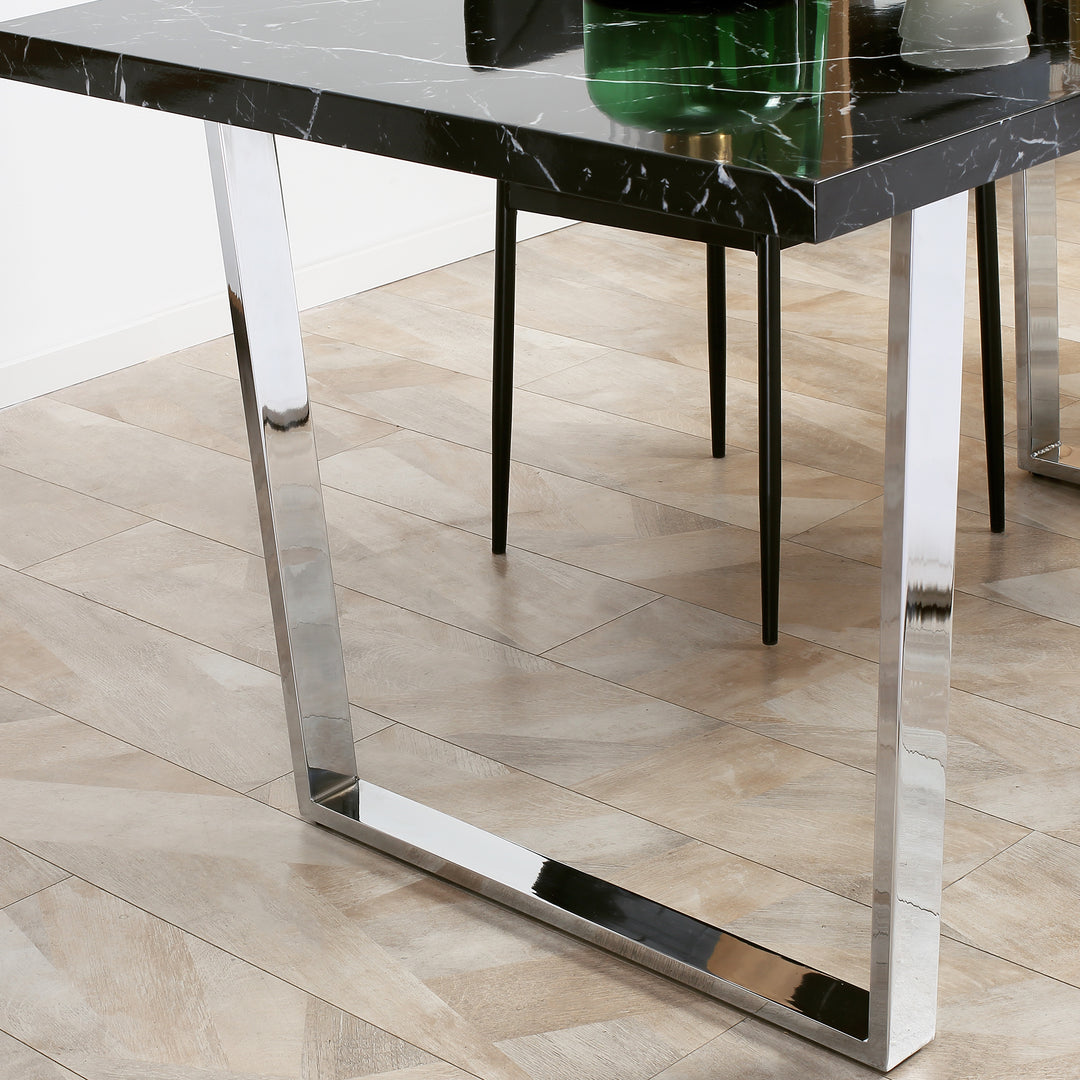 Modern Dining Room Table Rectangular Kitchen Table for 6-8 People with Marble Effect Tabletop Steel Legs 155 cm Black