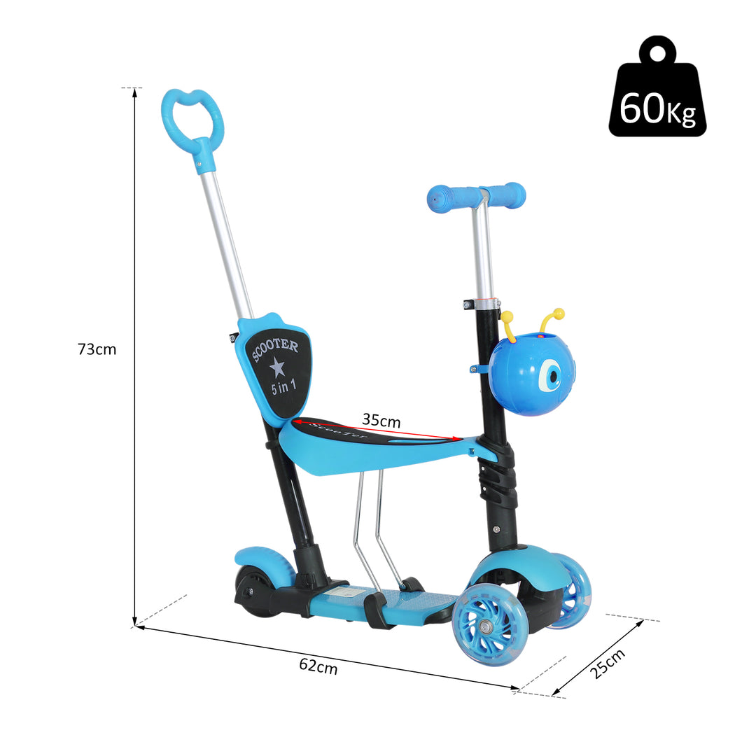 5-in-1 Kids Toddler 3 Wheels Mini Kick Scooter Push Walker with Removable Seat & Back Rest for Girls and Boys Blue