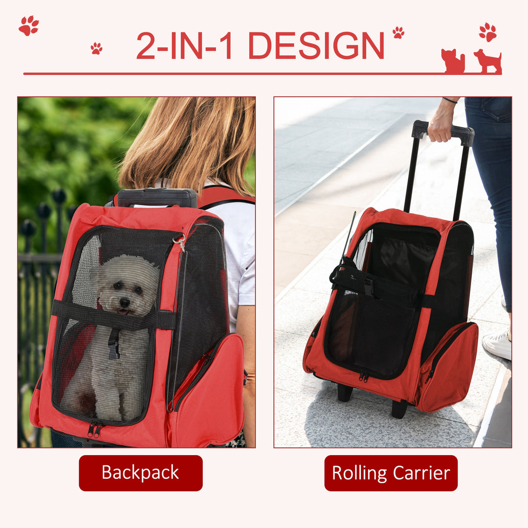 PawHut Pet Carrier Travel Backpack Bag Cat Carrier Dog Bag w/ Trolley and Telescopic Handle, 42 x 25 x 55 cm, Red