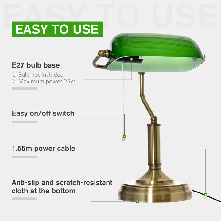 HOMCOM Banker's Table Lamp Desk Lamp with Antique Bronze Base, Green Glass Shade and Pull Rope Switch for Home Office,  Living Room,Dining Room