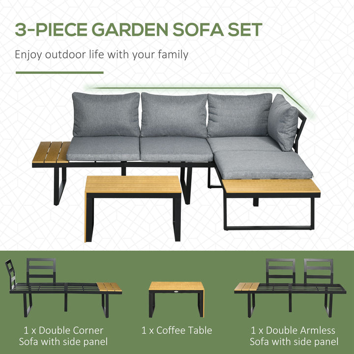 4-Seater Garden Sofa Set Patio Conversation Set w/ Padded Cushions, Wood Grain Plastic Top Table and Side Panel, Dark Grey