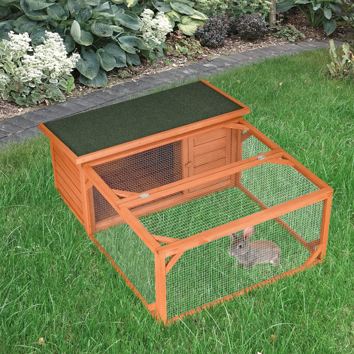 PawHut Rabbit Hutch Small Animal Guinea Pig House Off-ground Ferret Bunny Cage Backyard with Openable Main House & Run Roof 125.5 x 100 x 49cm Orange