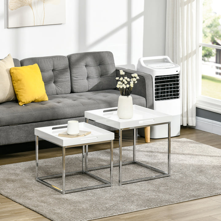 Modern Coffee Table Set of 2, Square Nest of Tables with Steel Frame and High Gloss Effect for Living Room, White