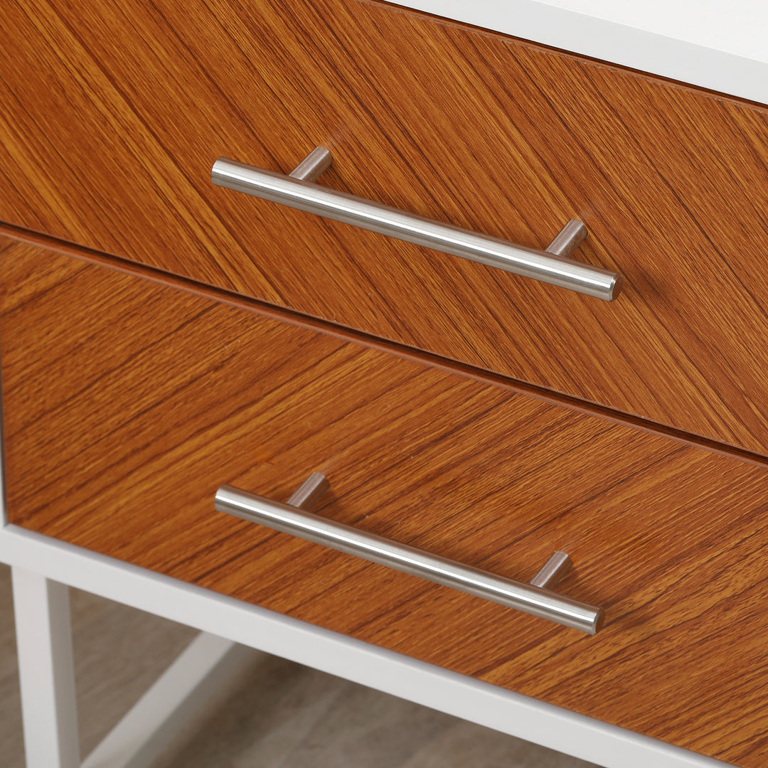 Bedside Table with 2 Drawers and Metal Frame, Sofa Side Table for Bedroom Living Room, White and Brown