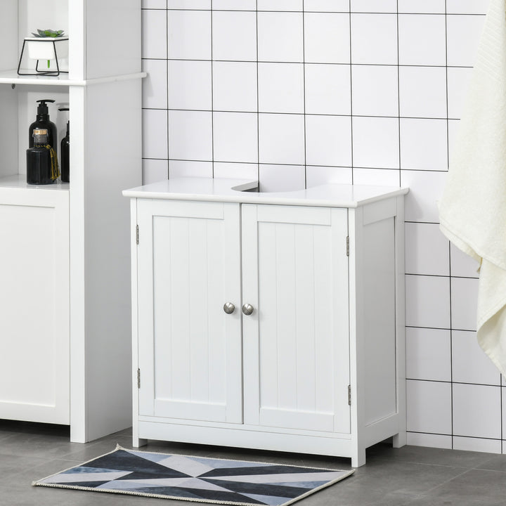 Kleankin 60x60cm Under Sink Storage w/ Adjustable Shelf Handles Drain Hole Bathroom Cabinet Space Saver Organizer White