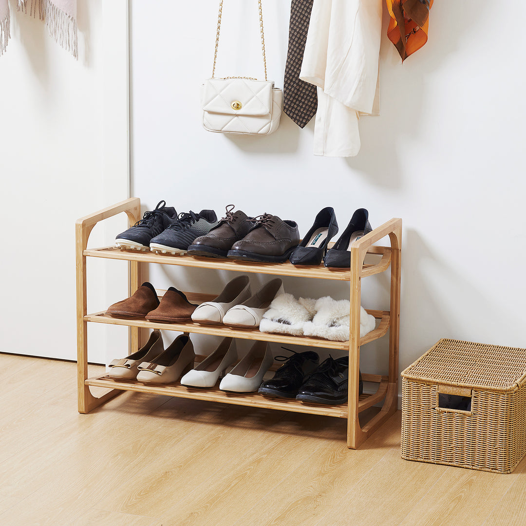 3-Tier Shoe Rack, Bamboo Shoe Storage Organizer with Slatted Shelves, Free Standing Shoe Shelf Stand for 9 Pairs of Shoes for Entryway Natural