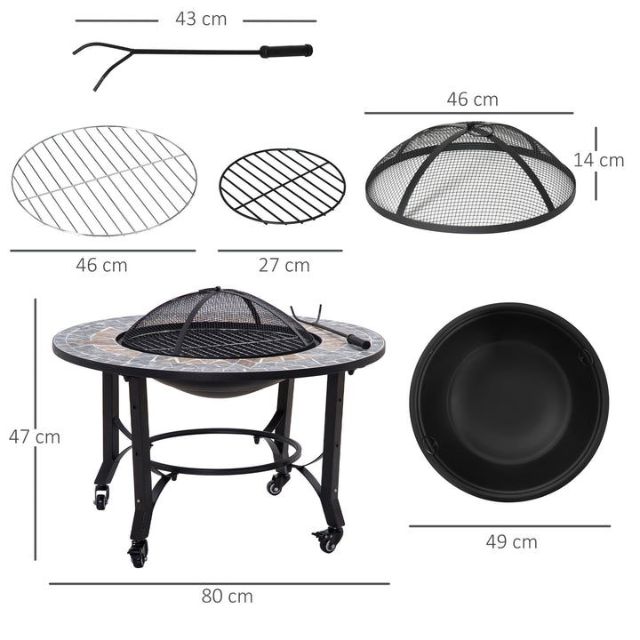 Outsunny 2-in-1 Outdoor Fire Pit on Wheels, Patio Heater with Cooking BBQ Grill, Firepit Bowl with Screen Cover, Fire Poker for Backyard Bonfire
