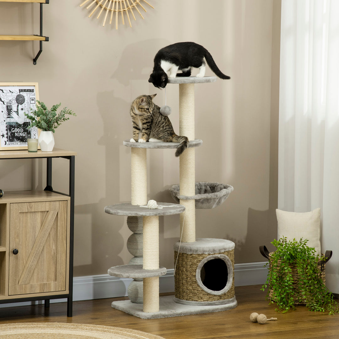 Cat Tree, 115cm Cat Climbing Tower, kitten Activity Centre with Fluffy House and Hammock, Jute Scratching Post and Hanging Ball, Light Grey