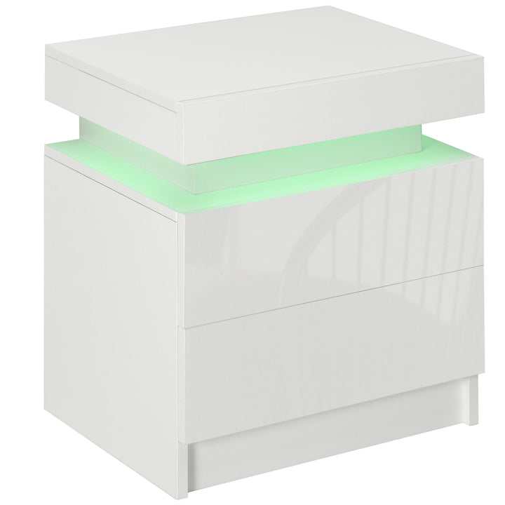 White Bedside Cabinets with LED Light, High Gloss Front Nightstand with 2 Drawers, for Living Room, Bedroom