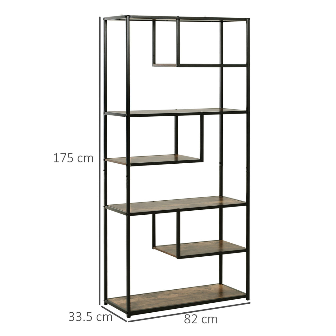 HOMCOM Wood Shelf Bookcase Industrial Style Stand 6-Staggered Shelf Living Room Display Rack Organiser