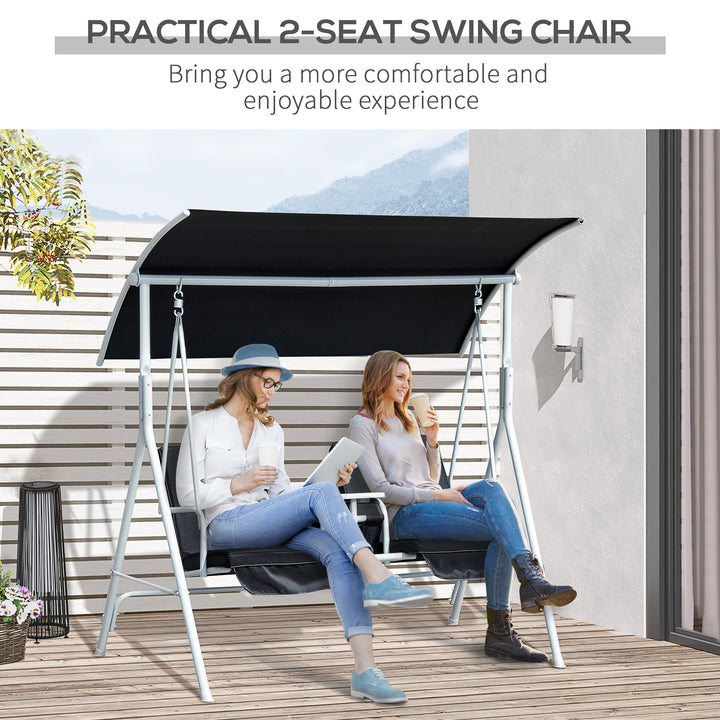 2 Seater Garden Swing Chair Patio Rocking Bench w/ Tilting Canopy, Double Padded Seats, Storage Bag and Tray, Black