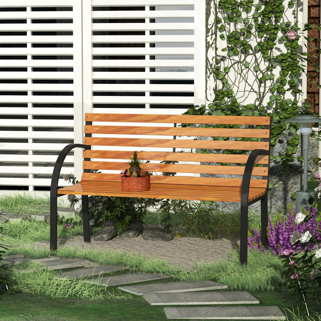 Wooden Garden Bench Park Bench 2 Seater Love Chair Outdoor Patio Porch Furniture w/ Sturdy Metal Frame