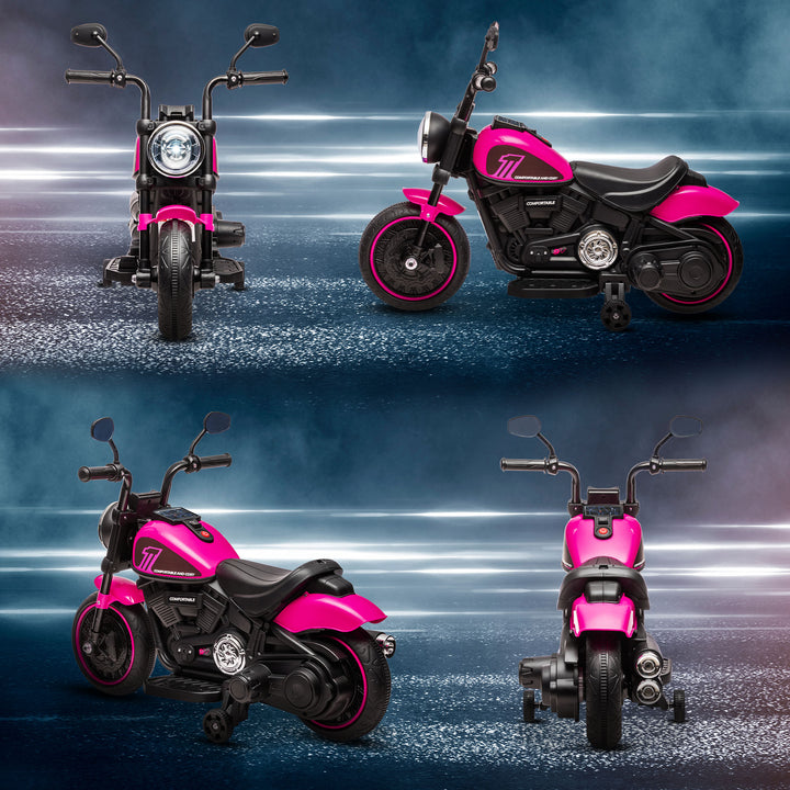 6v Electric Motorbike with Training Wheels, One-Button Start - Pink