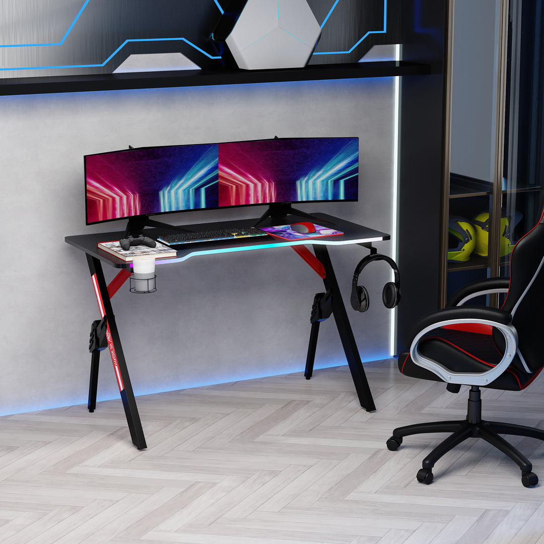 HOMCOM 1.2m Gaming Desk w/RGB Light Steel Frame | Racing Style Computer Table w/Cup Holder Headphone Cable Management - Black