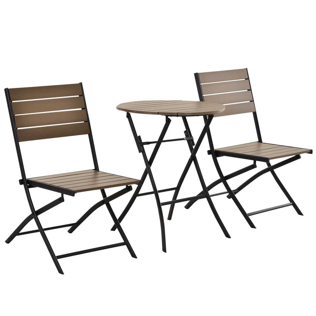 3 Pcs Folding Bistro Dining Set 2 Single Chair 1 Dining Table Metal Frame Plastic Panel Slatted Compact Garden Outdoor Apartment Black&amp;Brown