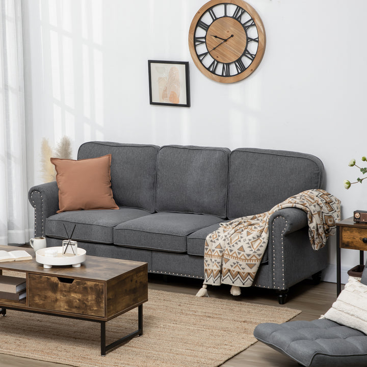 HOMCOM 3 Seater Sofas for Living Room, Fabric Couch with Nailhead Trim, Rolled Arms and Cushions, Grey
