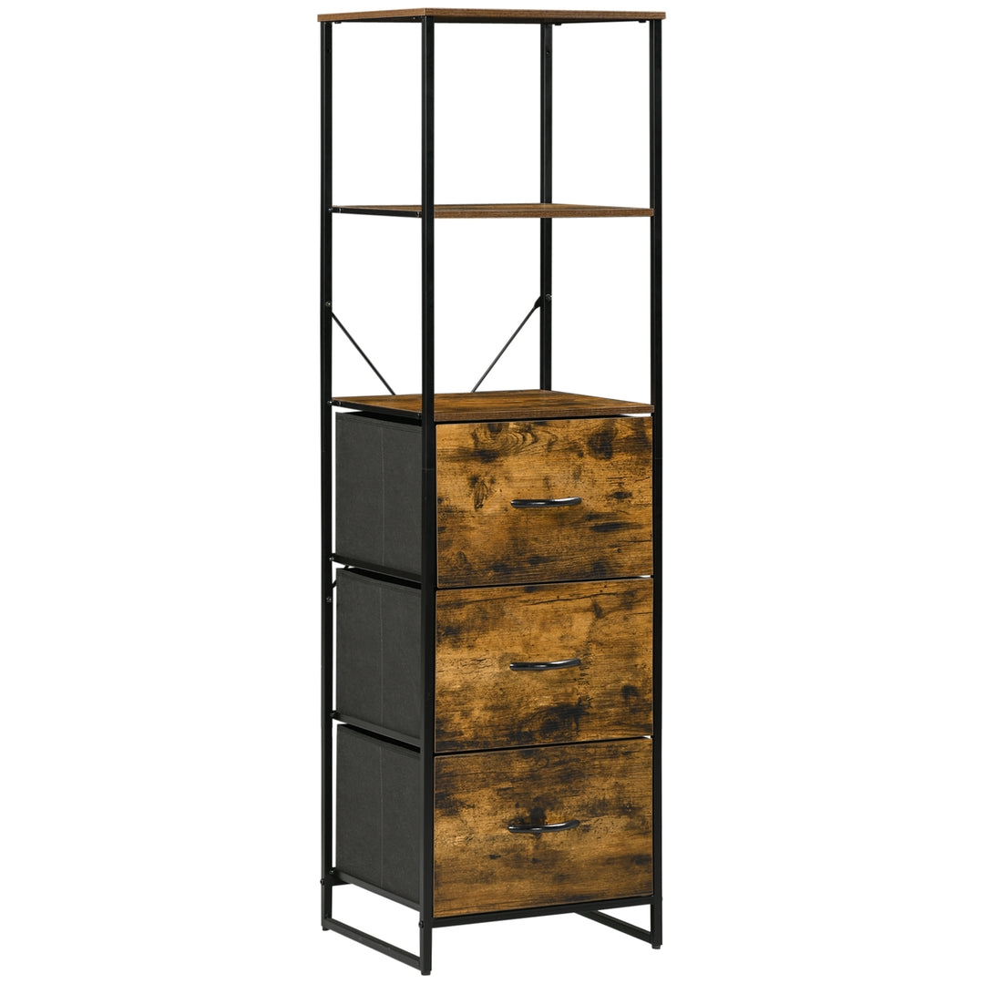 HOMCOM Industrial Tall Bookcase w/ 2 Open Shelves and 3 Foldable Fabric Drawers, Multifunctional Storage Cabinet in Living Room, Study, Rustic Brown