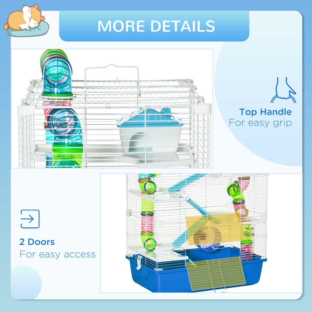 Large Hamster Cage, 5-Level Gerbil Haven, Small Rodent House, Tunnel Tube System, with Water Bottle, Exercise Wheel, Ramps, 59x36x 69 cm Blue