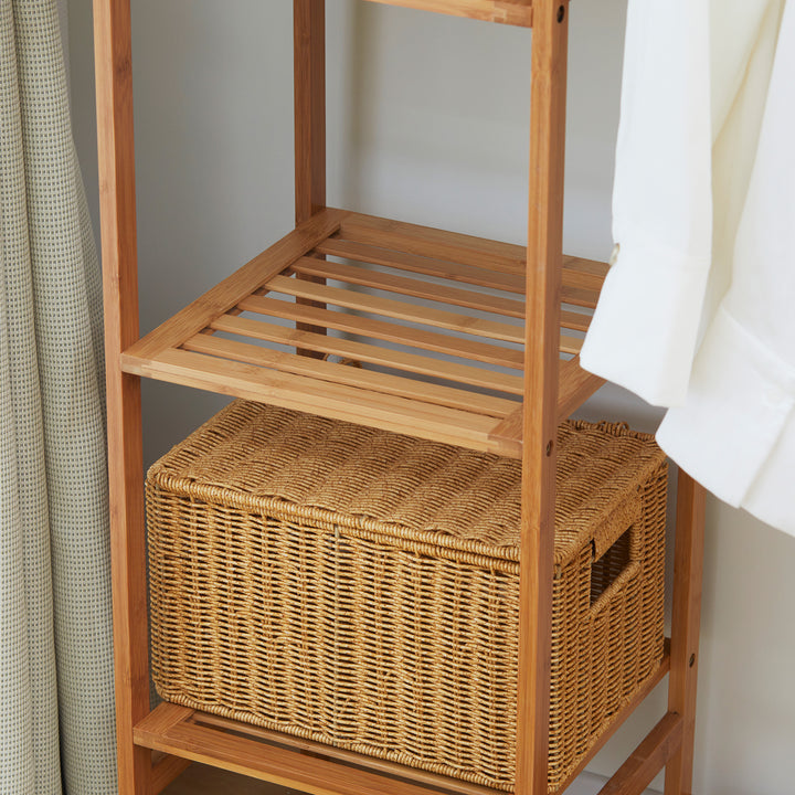 Bamboo Clothes Rack for Bedroom Garment Rack with 6-Tier Storage Shelf Hanging Rod Clothes Rail for Living Room Entryway