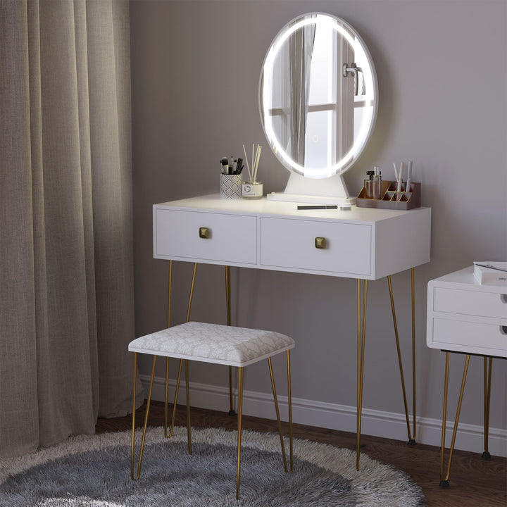 Dressing Table Set with LED Light, Round Mirror, Vanity Makeup Table with 2 Drawers and Cushioned Stool for Bedroom, White